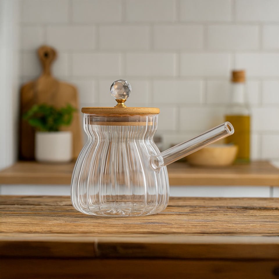 Ahşap Kapaklı ve Kristal Topuzlu Isıya Dayanıklı Borosilikat Cam Cezve