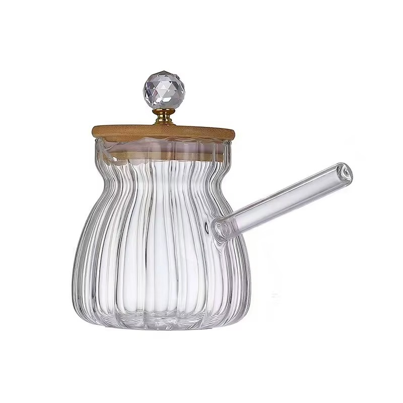 Ahşap Kapaklı ve Kristal Topuzlu Isıya Dayanıklı Borosilikat Cam Cezve