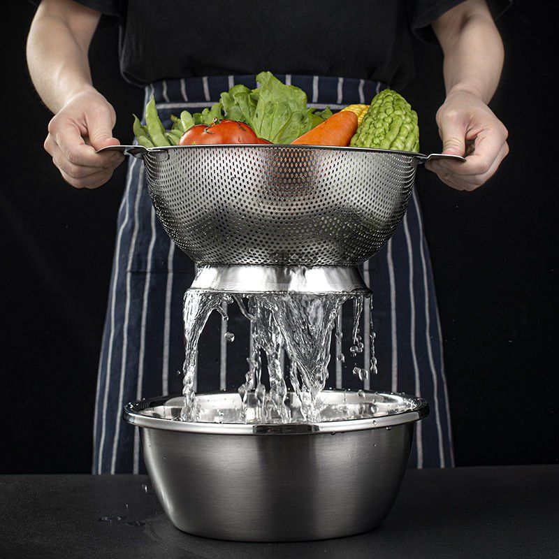 Rocco Gümüş Paslanmaz Çelik Kevgir Karıştırma Kasesi Salata Makarna Sebze Meyve Süzgeç 22,5 Cm