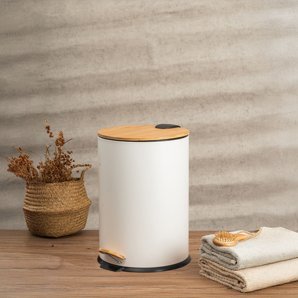 Bambu Kapaklı Pedallı Metal Çöp Kovası - 12 Lt.