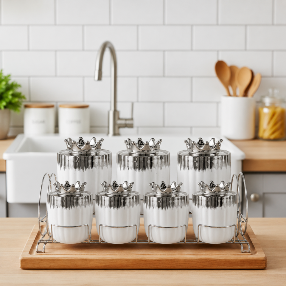 Taçlı Gümüş Desenli Porselen Baharat Takımı 7'li Set Metal Standlı Saklama Kavanozu