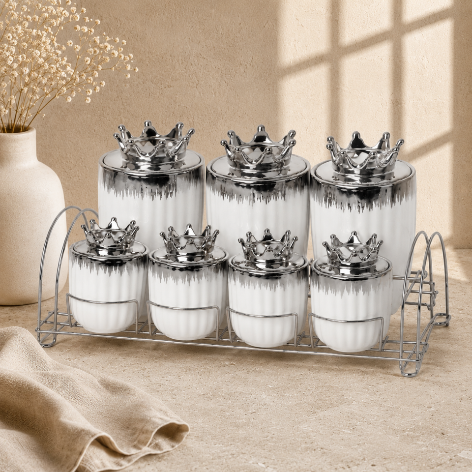 Taçlı Gümüş Desenli Porselen Baharat Takımı 7'li Set Metal Standlı Saklama Kavanozu