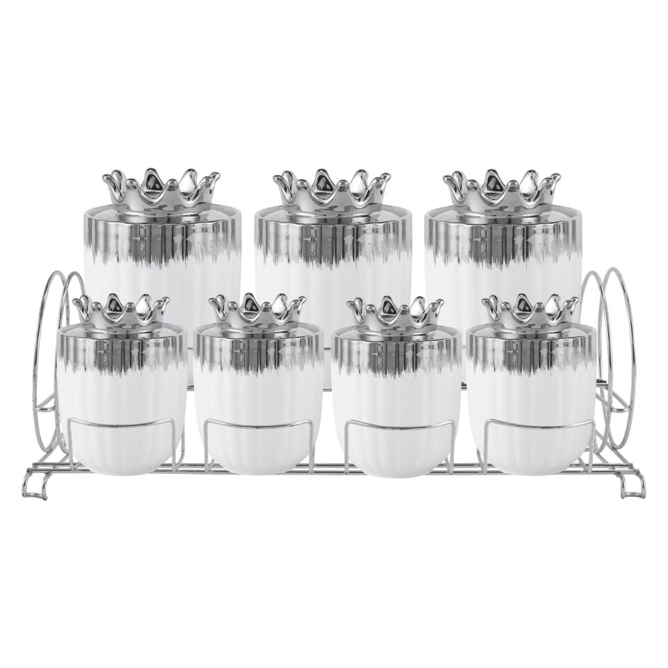 Taçlı Gümüş Desenli Porselen Baharat Takımı 7'li Set Metal Standlı Saklama Kavanozu