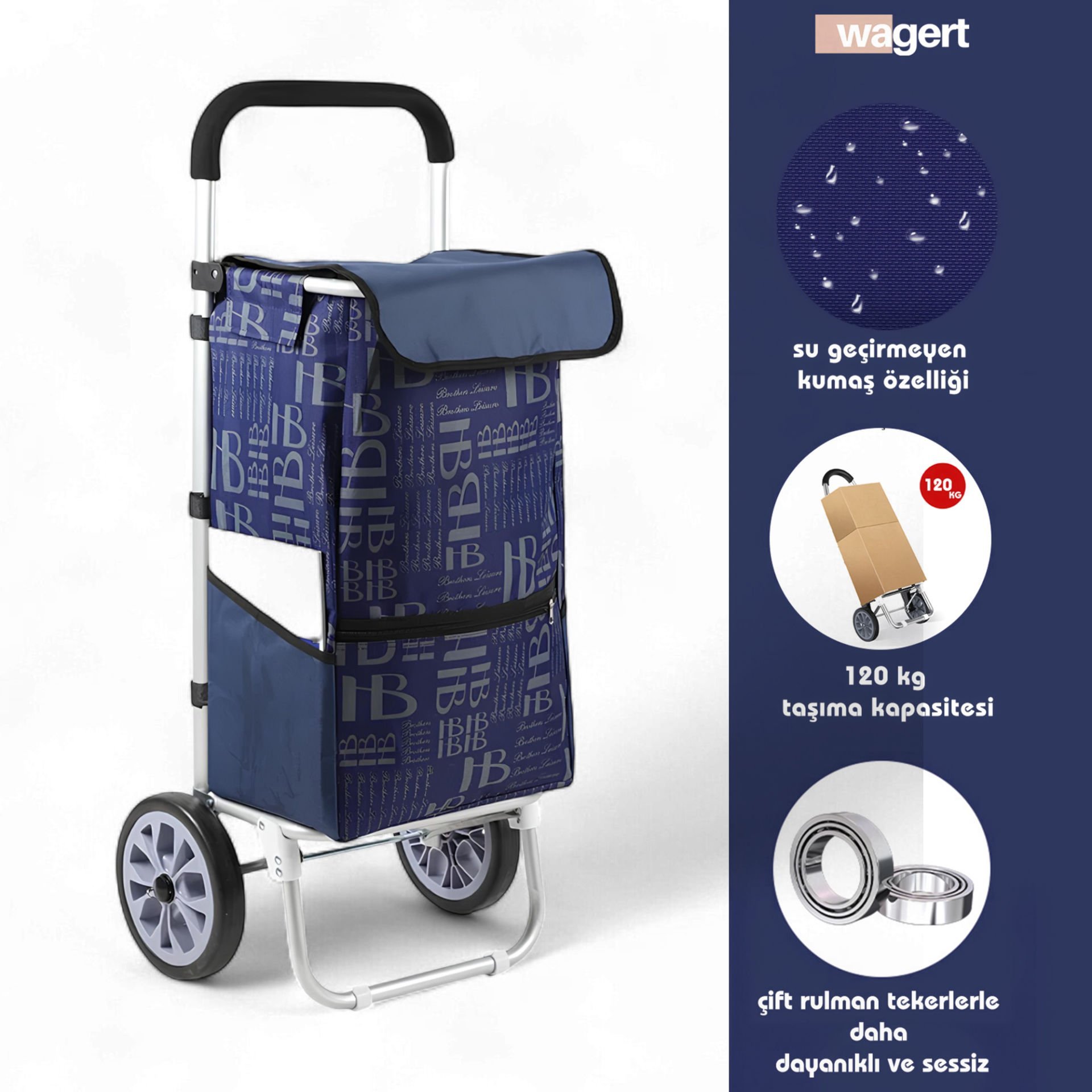 Ses Yapmaz Tekerlekli Su Geçirmez Çantalı Alüminyum Gövdeli Lüks Pazar Arabası Mavi