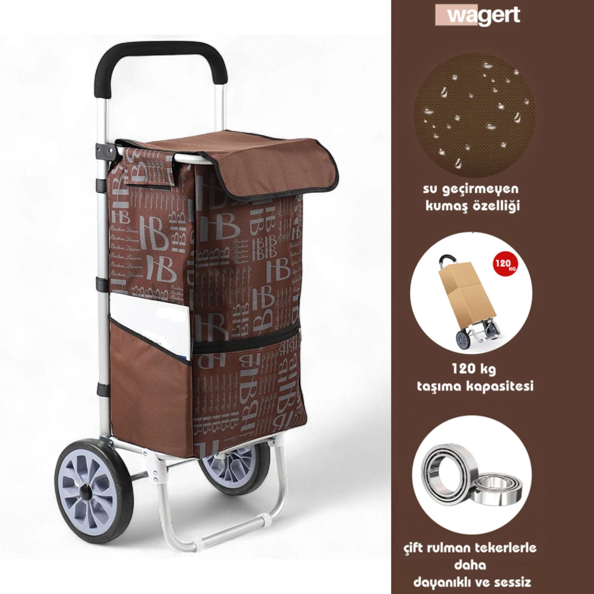 Ses Yapmaz Tekerlekli Su Geçirmez Çantalı Alüminyum Gövdeli Lüks Pazar Arabası Kahverengi