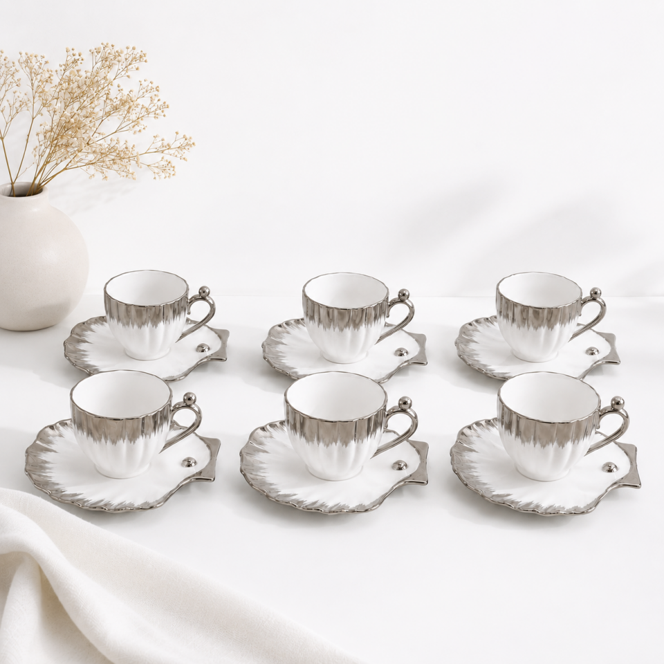 Gümüş Detaylı İstiridye Model Porselen Türk Kahvesi Fincan Takımı 6'lı Set