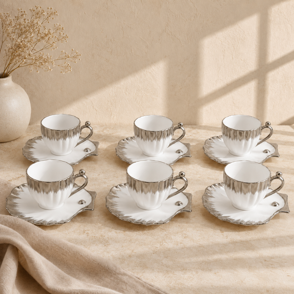 Gümüş Detaylı İstiridye Model Porselen Türk Kahvesi Fincan Takımı 6'lı Set