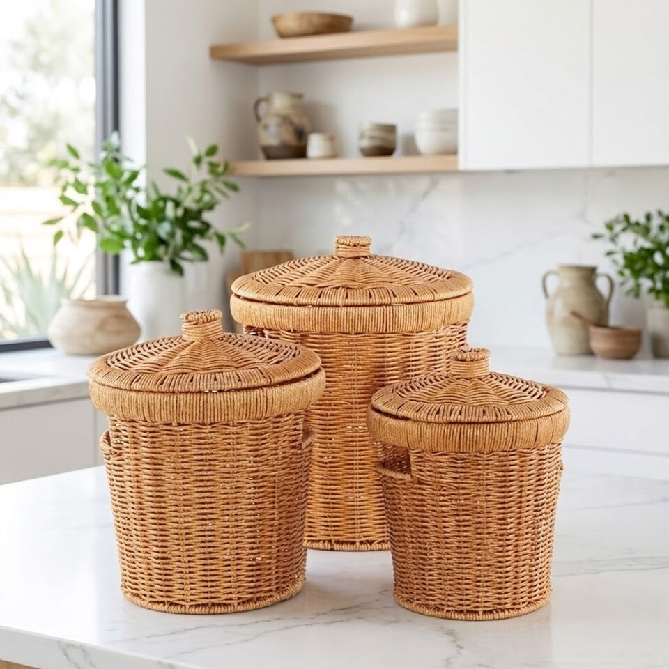 3’lü Rattan Kapaklı Patates Soğan Sepeti – Çok Amaçlı Sebzelik & Çamaşır Sepeti Seti