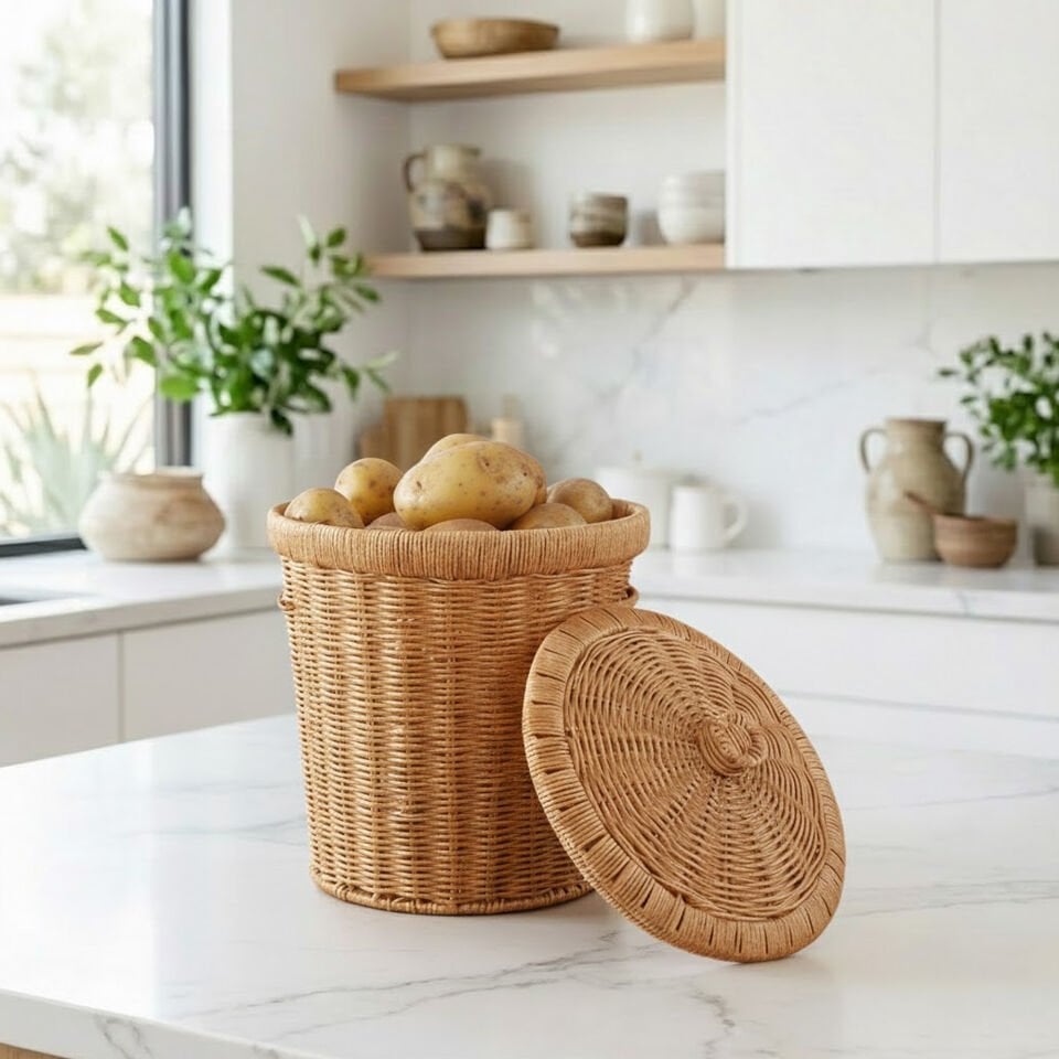 3’lü Rattan Kapaklı Patates Soğan Sepeti – Çok Amaçlı Sebzelik & Çamaşır Sepeti Seti