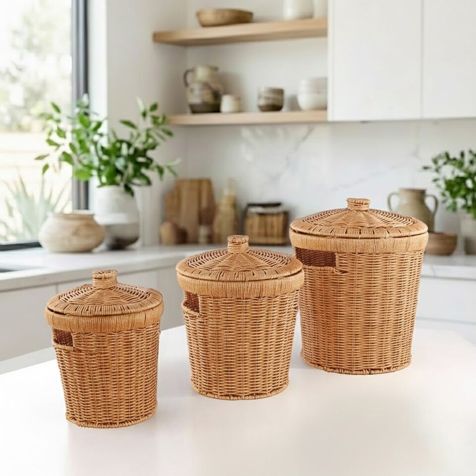 3’lü Rattan Kapaklı Patates Soğan Sepeti – Çok Amaçlı Sebzelik & Çamaşır Sepeti Seti