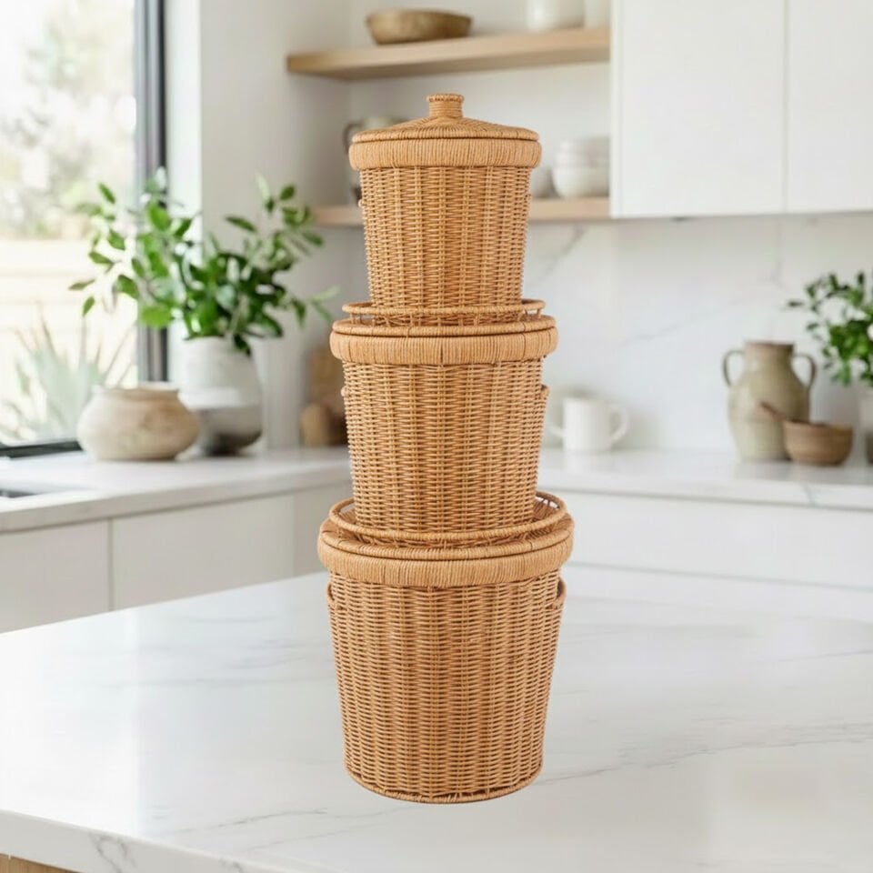 3’lü Rattan Kapaklı Patates Soğan Sepeti – Çok Amaçlı Sebzelik & Çamaşır Sepeti Seti