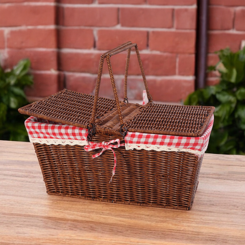 Rattan Dikdörtgen Piknik Sepeti – Kapaklı, Kulplu, Ekoseli Kumaşlı, Şık Taşıma Sepeti
