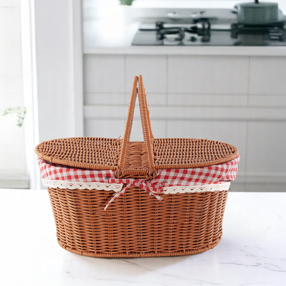 Rattan Oval Piknik Sepeti – Kapaklı, Kulplu, Ekoseli Kumaşlı, Şık Taşıma Sepeti