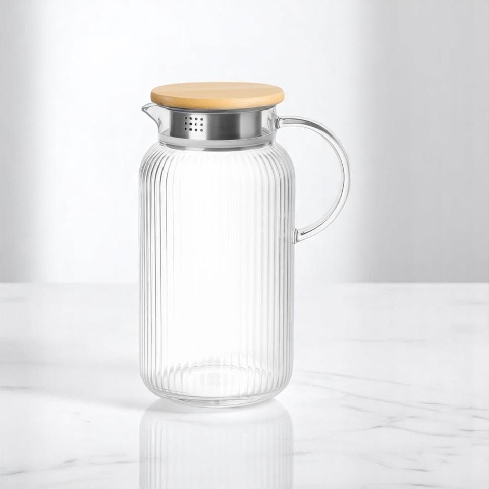 Bambu Kapaklı Borosilikat Isıya Dayanıklı Çizgili Cam Sürahi 1,6 Litre