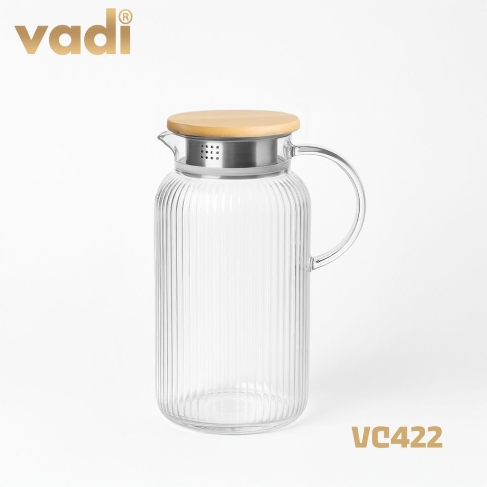 Bambu Kapaklı Borosilikat Isıya Dayanıklı Çizgili Cam Sürahi 1,6 Litre