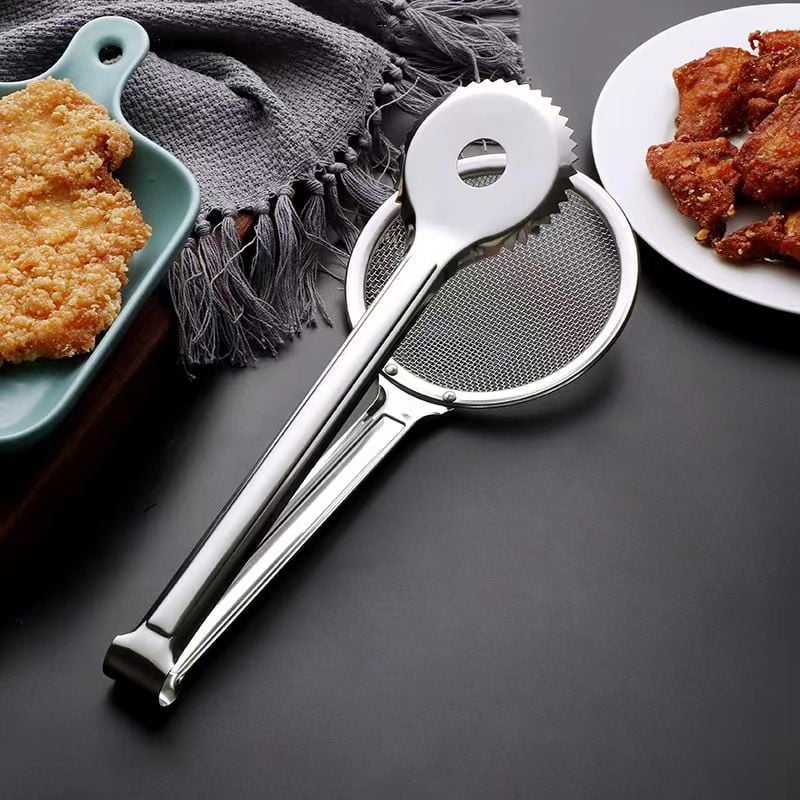 Paslanmaz Çelik Yağ Sıçratmaz Kızartma Maşası ve Süzgeç - Çok Amaçlı Mutfak Aparatı