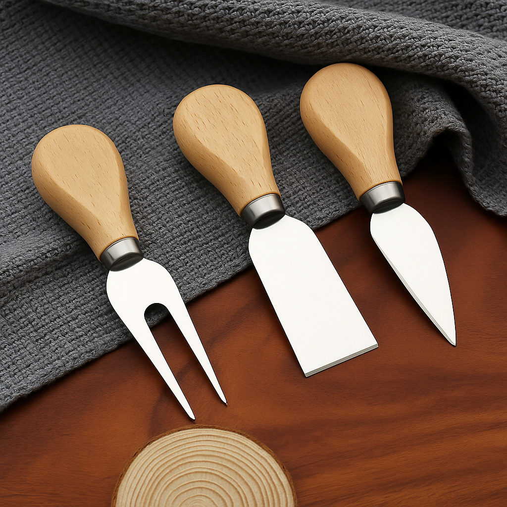 Vadi 3'lü Ahşap Saplı Peynir Bıçağı Seti – Paslanmaz Çelik