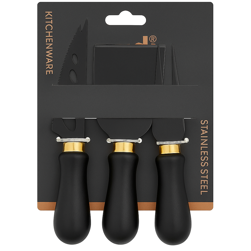 Vadi Siyah Modern Peynir Bıçağı Seti – Altın Detaylı 3'lü