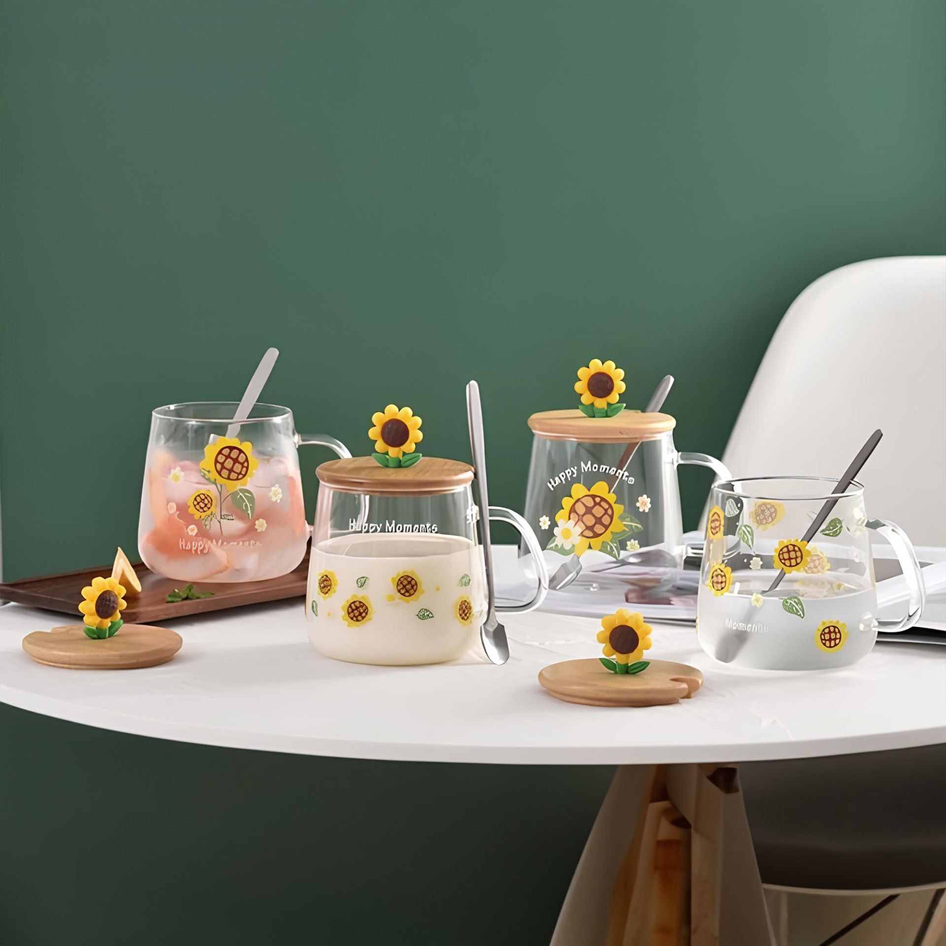 Sante Isıya Dayanıklı Papatya Figürlü Bambu Kapaklı Borosilikat Cam Kupa Bardak