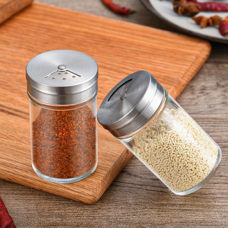 2'li Paslanmaz Çelik Kapaklı Cam Baharatlık - Ayarlanabilir Delikli Tuzluk ve Karabiberlik