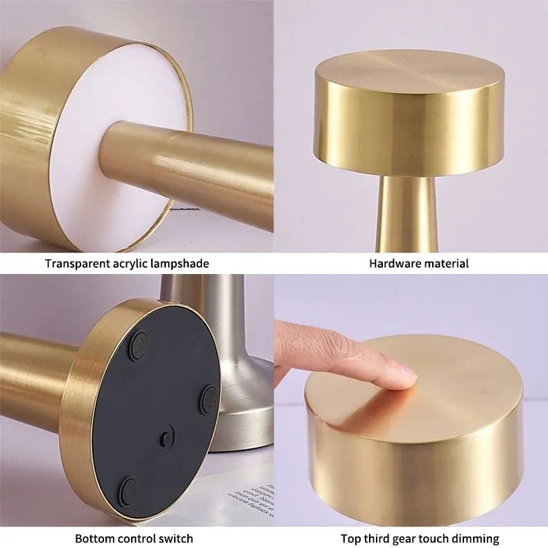 Dokunmatik Şarjlı 3 Kademeli Işıklı Gece Lambası USB Girişli Metal Masa Lambası Gold