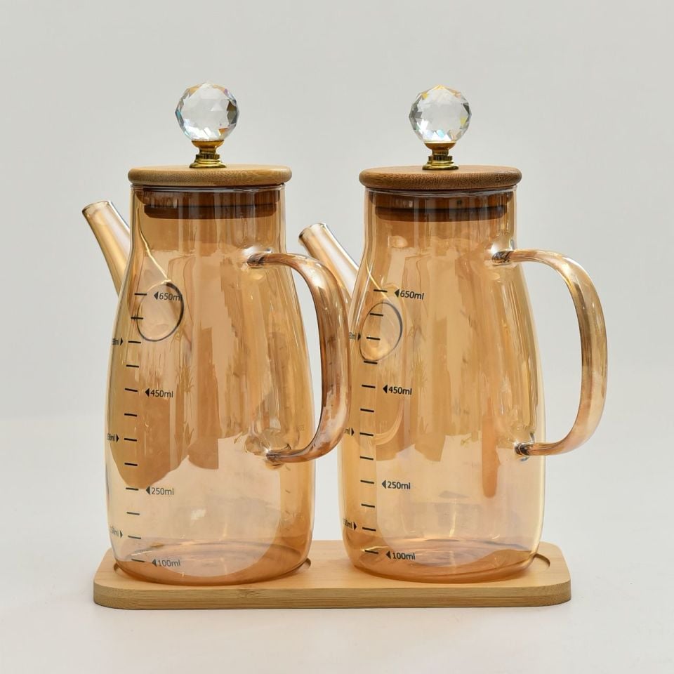 Arles 2'li Kristal Taşlı Bambu Altlıklı Borosilikat Cam Yağlık Sirkelik