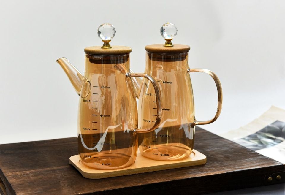 Arles 2'li Kristal Taşlı Bambu Altlıklı Borosilikat Cam Yağlık Sirkelik