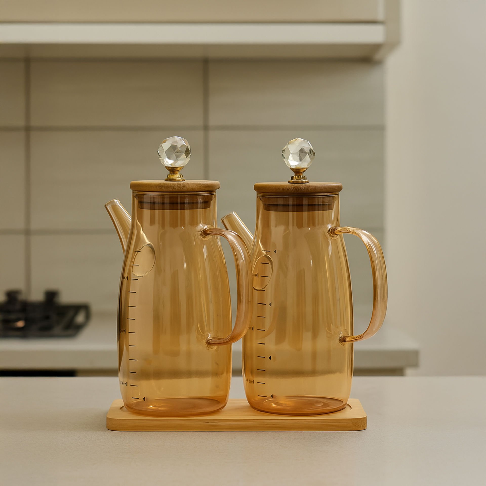 Arles 2'li Kristal Taşlı Bambu Altlıklı Borosilikat Cam Yağlık Sirkelik