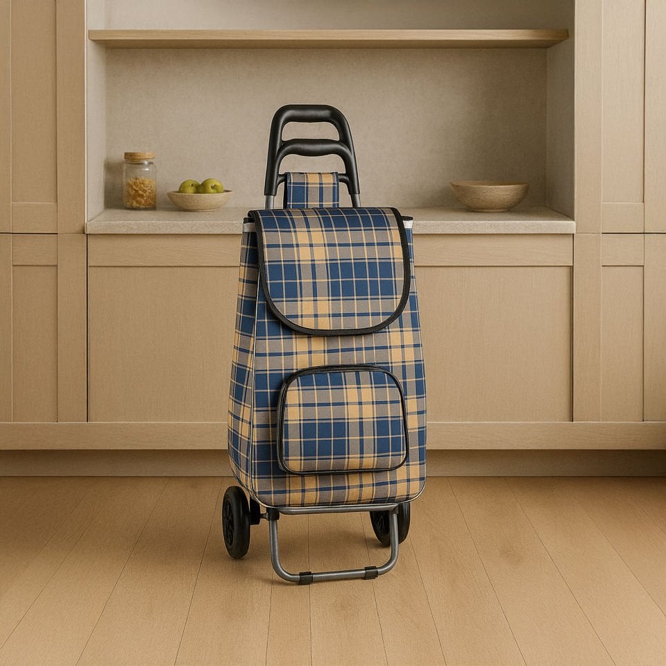 Katlanabilir Ses Yapmaz Tekerlekli Su Geçirmez Çantalı Alüminyum Gövdeli Pazar Arabası Mavi