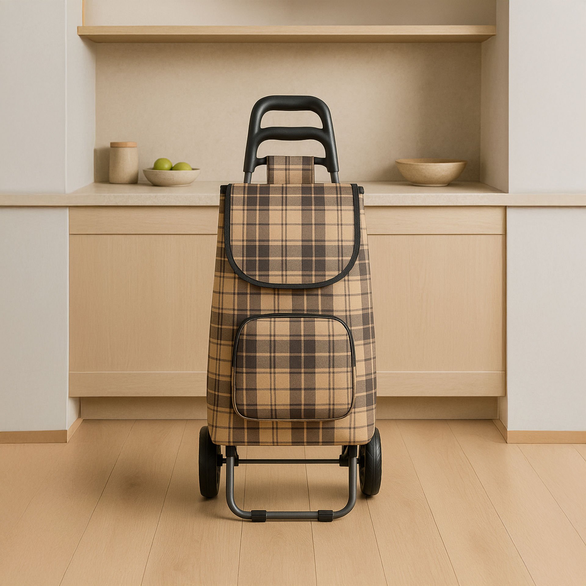 Katlanabilir Ses Yapmaz Tekerlekli Su Geçirmez Çantalı Alüminyum Gövdeli Pazar Arabası Kahverengi