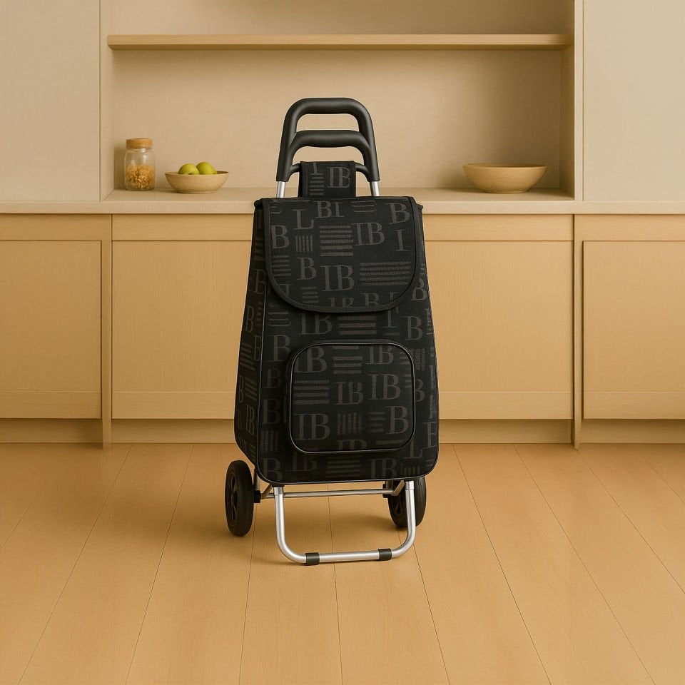 Ses Yapmaz Tekerlekli Su Geçirmez Çantalı Alüminyum Gövdeli Katlanabilir Pazar Arabası Siyah