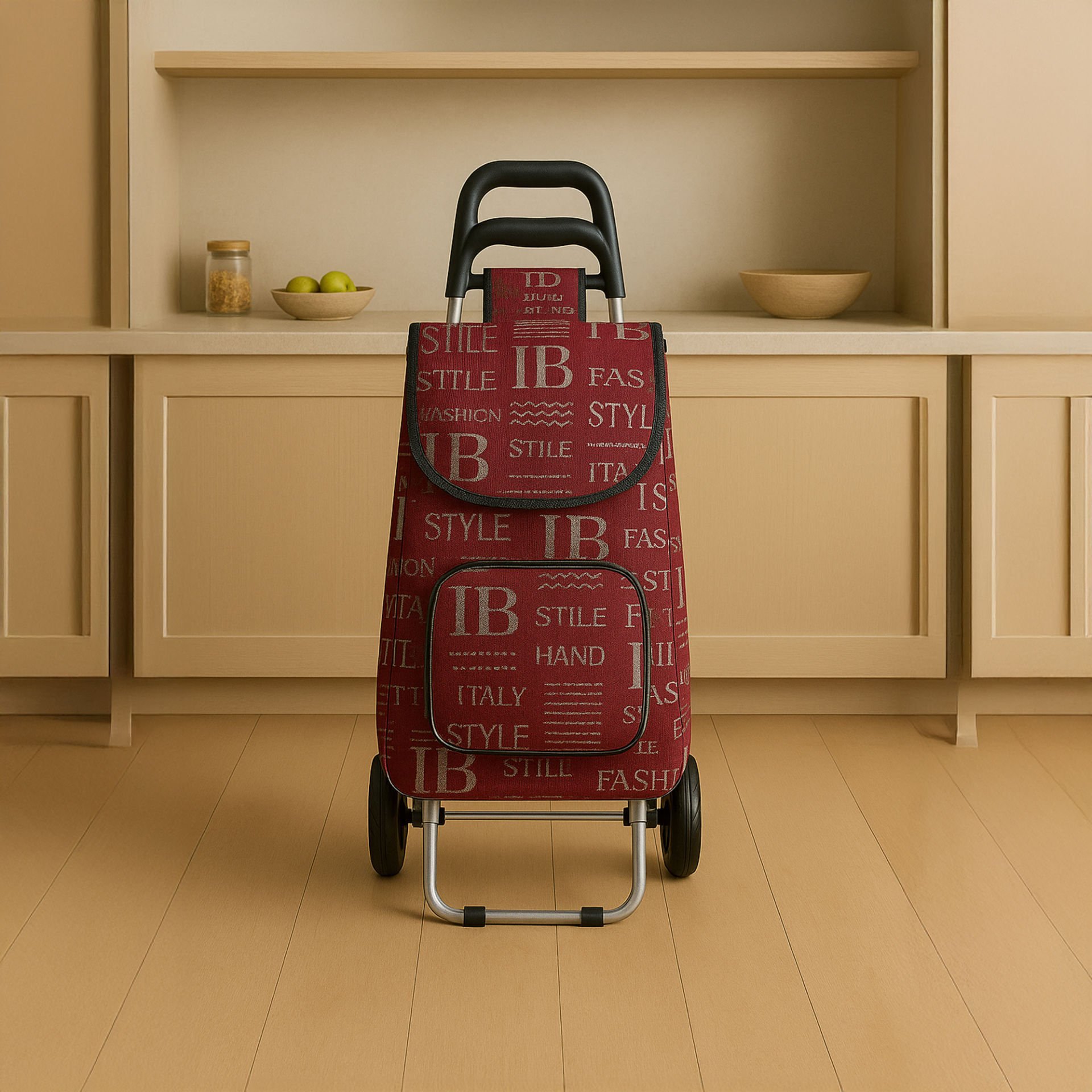 Ses Yapmaz Tekerlekli Su Geçirmez Çantalı Alüminyum Gövdeli Katlanabilir Pazar Arabası Kırmızı