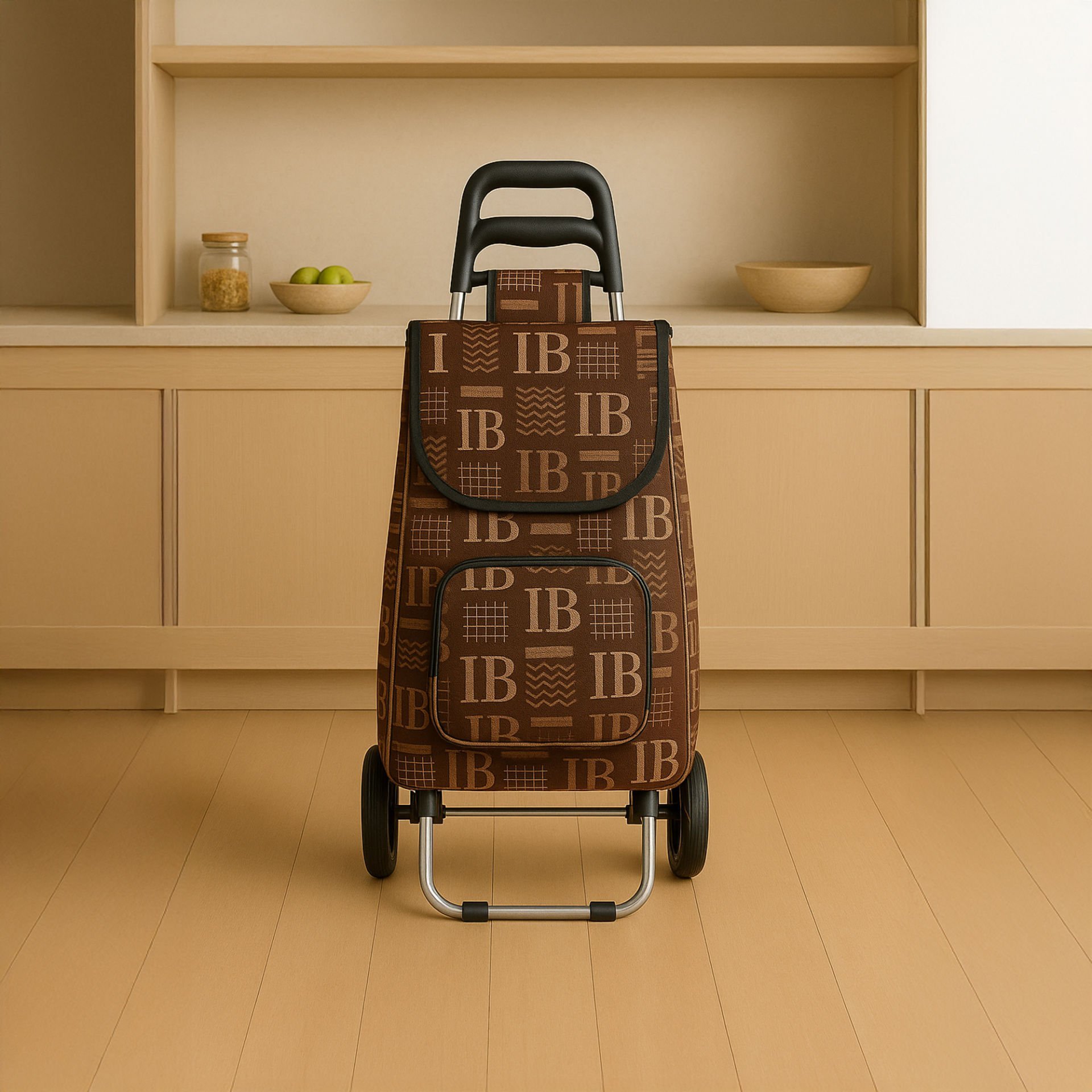 Ses Yapmaz Tekerlekli Su Geçirmez Çantalı Alüminyum Gövdeli Katlanabilir Pazar Arabası Kahverengi