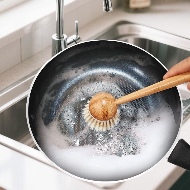 Doğal Bambu Saplı Yuvarlak Bulaşık Mutfak Temizlik Fırçası