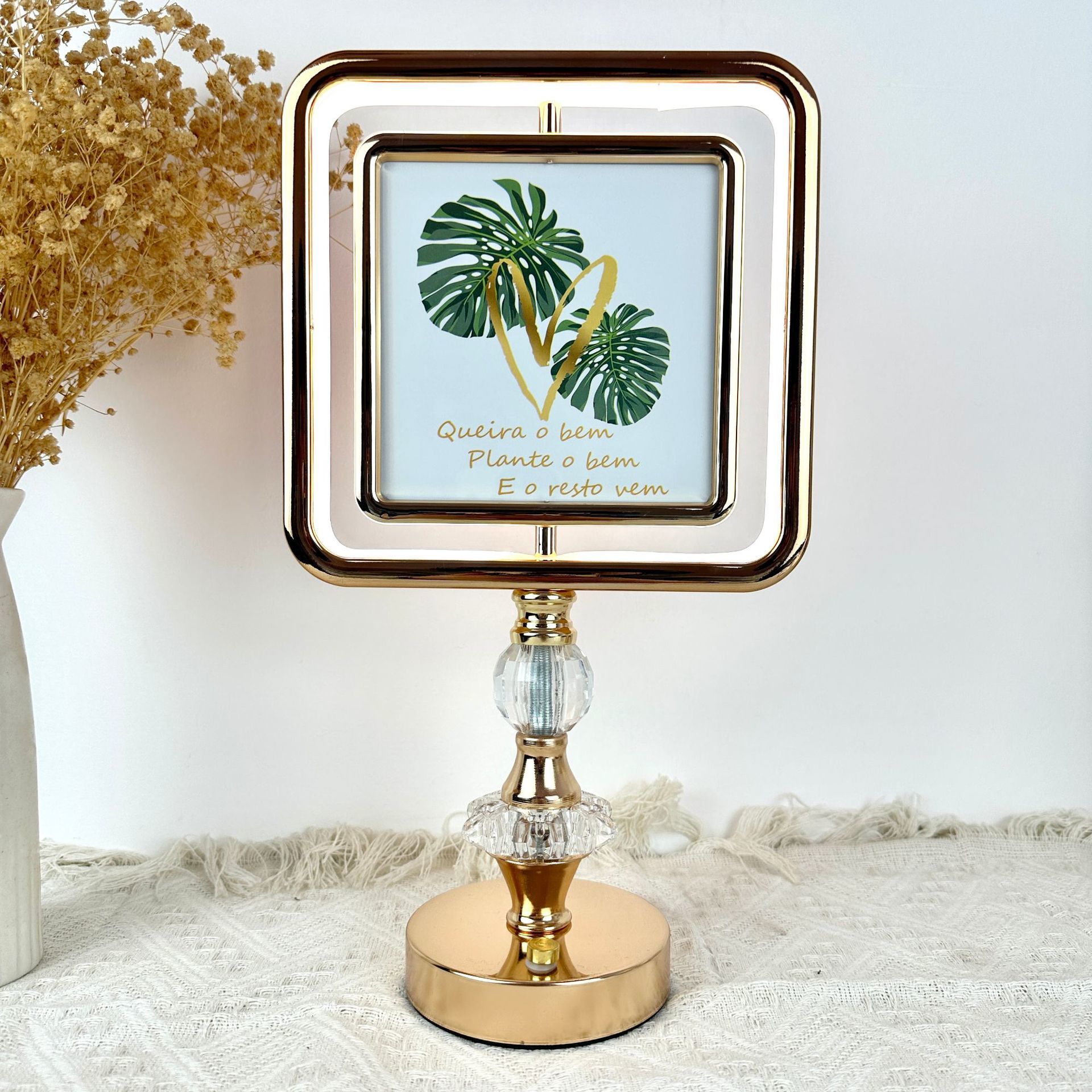 USB Şarjlı Kristal Ayaklı Gold Kare Masaüstü Makyaj ve Aydınlatmalı Masa Aynası