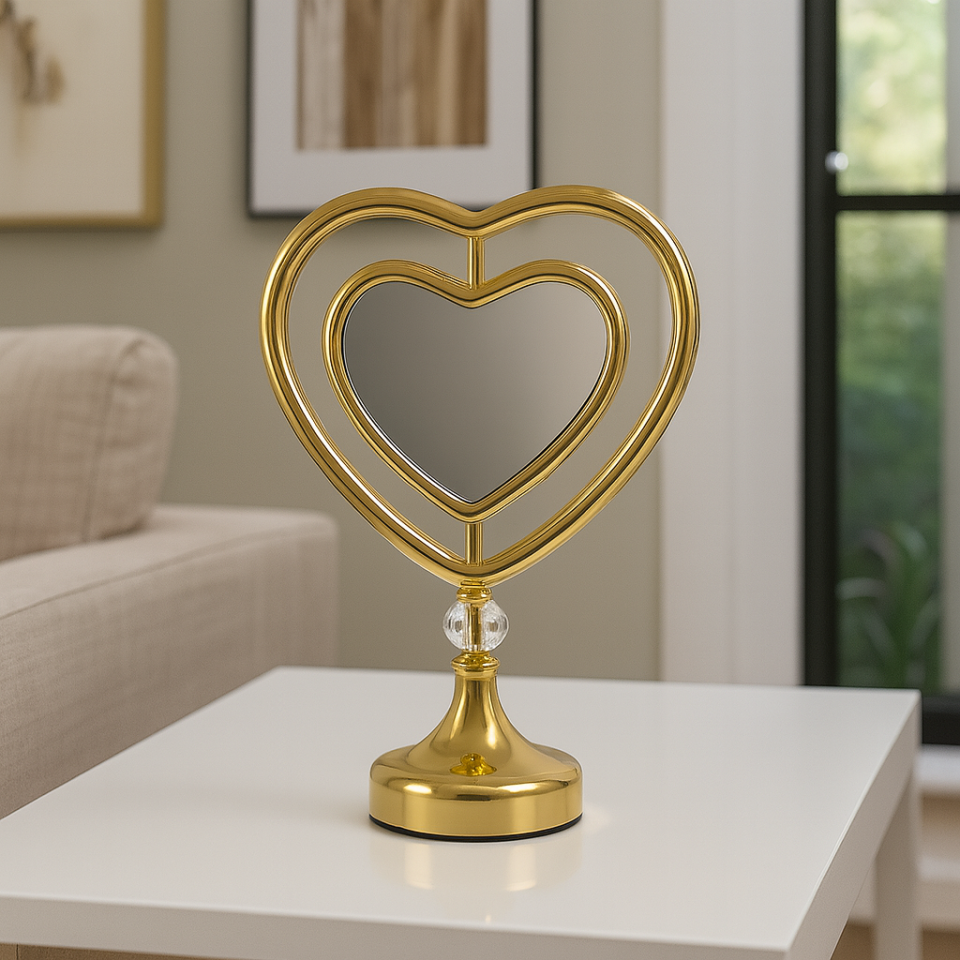 USB Şarjlı Kristal Ayaklı Gold Kalp Masaüstü Makyaj ve Aydınlatmalı Masa Aynası