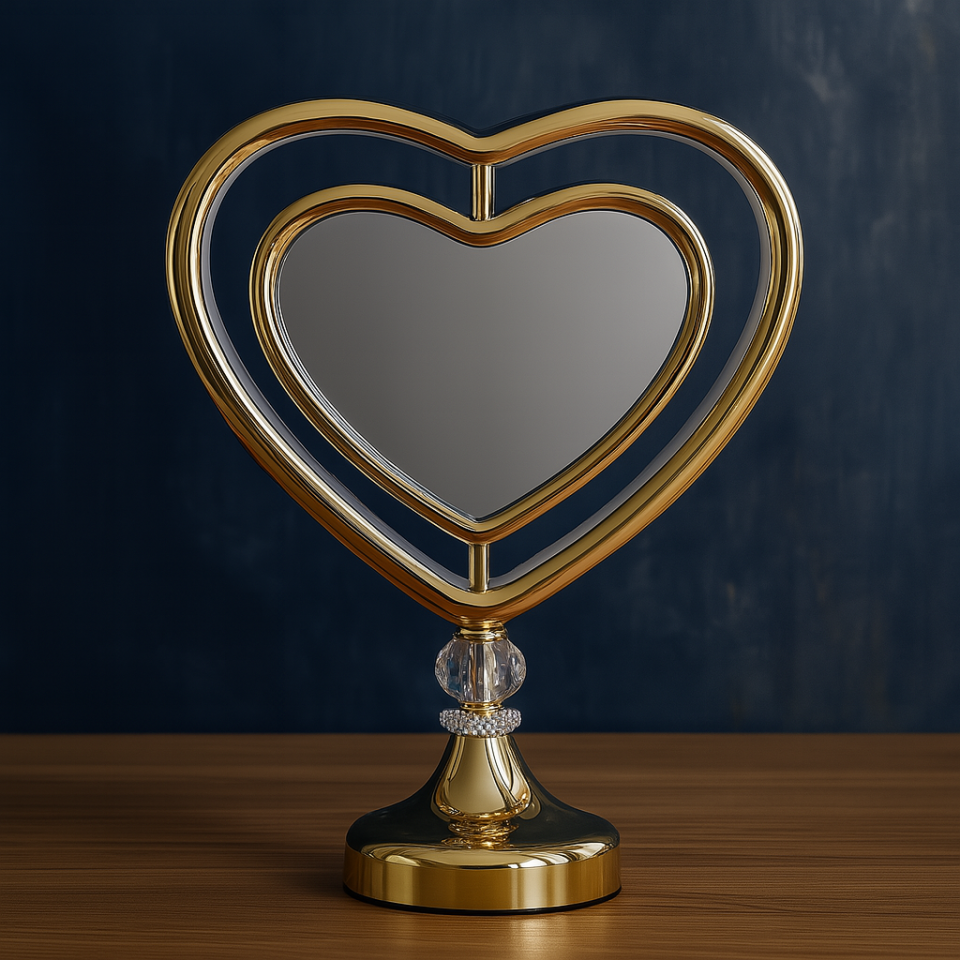 USB Şarjlı Kristal Ayaklı Gold Kalp Masaüstü Makyaj ve Aydınlatmalı Masa Aynası