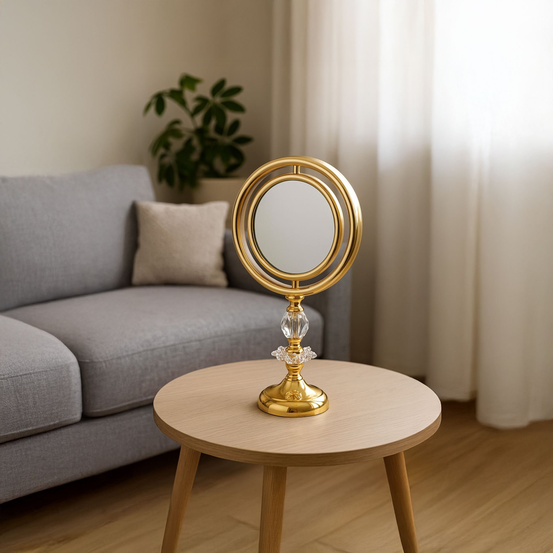 USB Şarjlı Kristal Ayaklı Gold Yuvarlak Masaüstü Makyaj ve Aydınlatmalı Masa Aynası