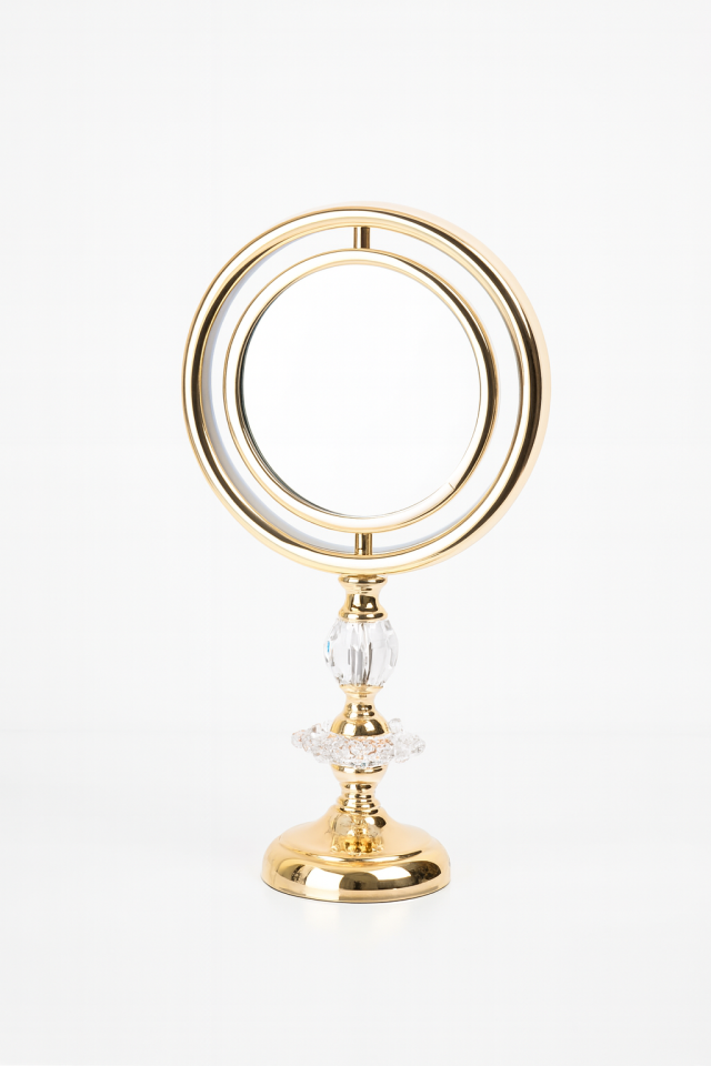 USB Şarjlı Kristal Ayaklı Gold Yuvarlak Masaüstü Makyaj ve Aydınlatmalı Masa Aynası