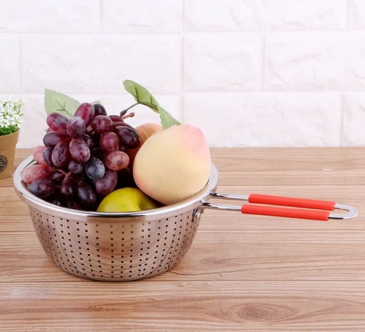 Silikon Saplı Derin Paslanmaz Çelik Süzgeç – Meyve Sebze Yıkama Eleği 28 cm