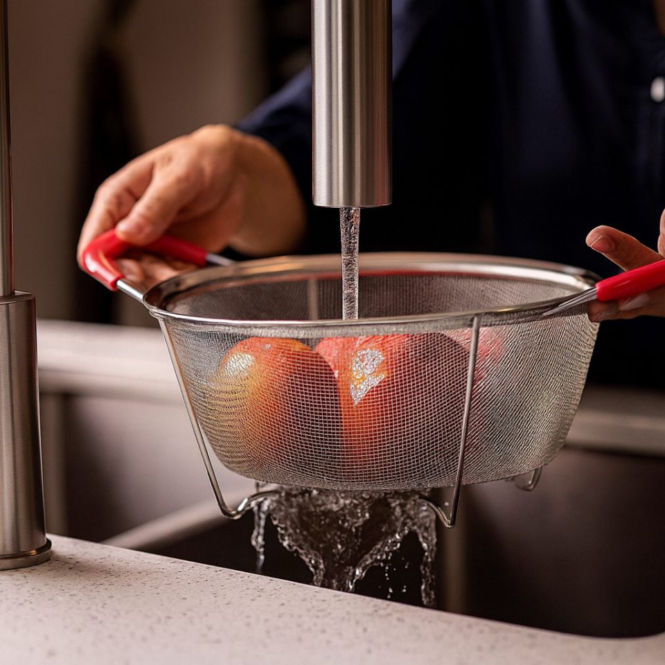 Paslanmaz Çelik Ayaklı Süzgeç 25 cm – Saplı Sebze Meyve Yıkama ve Süzme Eleği