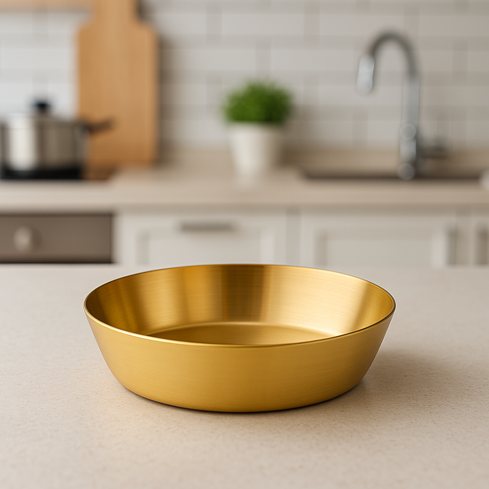 Paslanmaz Çelik Gold Yuvarlak Mini Servis Sos Sunum Tabağı – Salata Meyve Kabı 15 cm