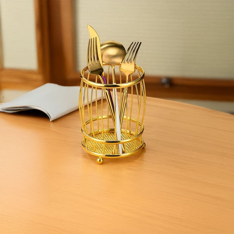 Gold Metal Ayaklı Lüks Yuvarlak Kaşıklık – Çatal Bıçak Düzenleyici Organizer