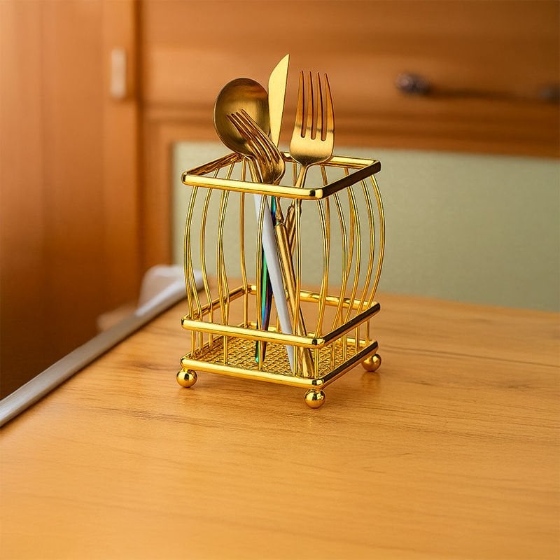 Gold Metal Ayaklı Lüks Kare Kaşıklık – Çatal Bıçak Düzenleyici Organizer