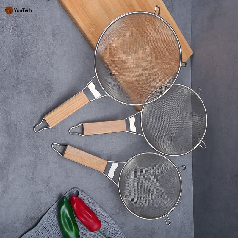 Ahşap Saplı Paslanmaz Çelik Un Makarna Sebze Süzgeci – Yuvarlak Tel Elek 20 cm