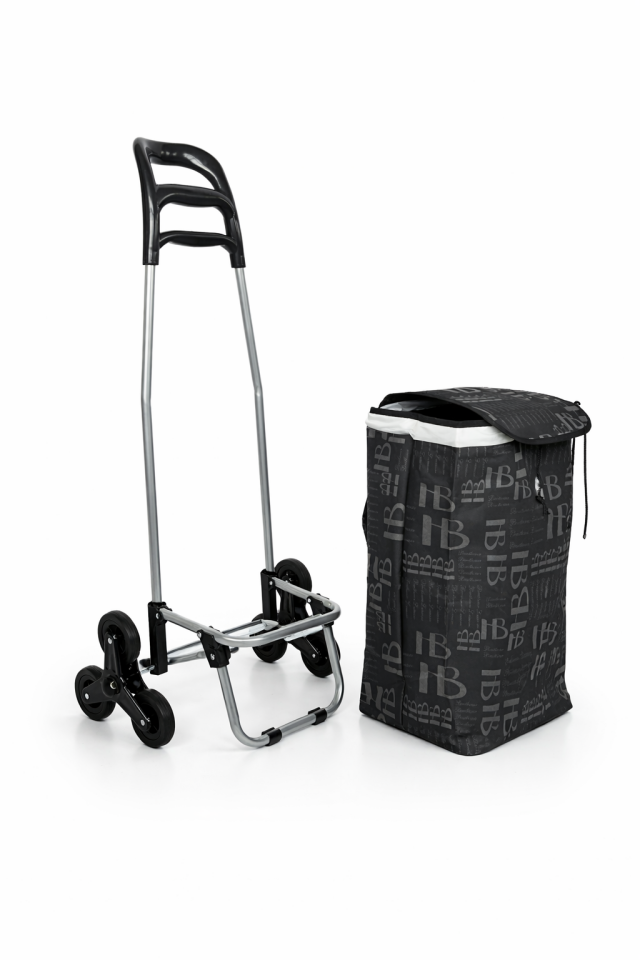 Merdiven Çıkabilen 3 Tekerlekli Su Geçirmez Çantalı Alüminyum Gövdeli Pazar Arabası Siyah