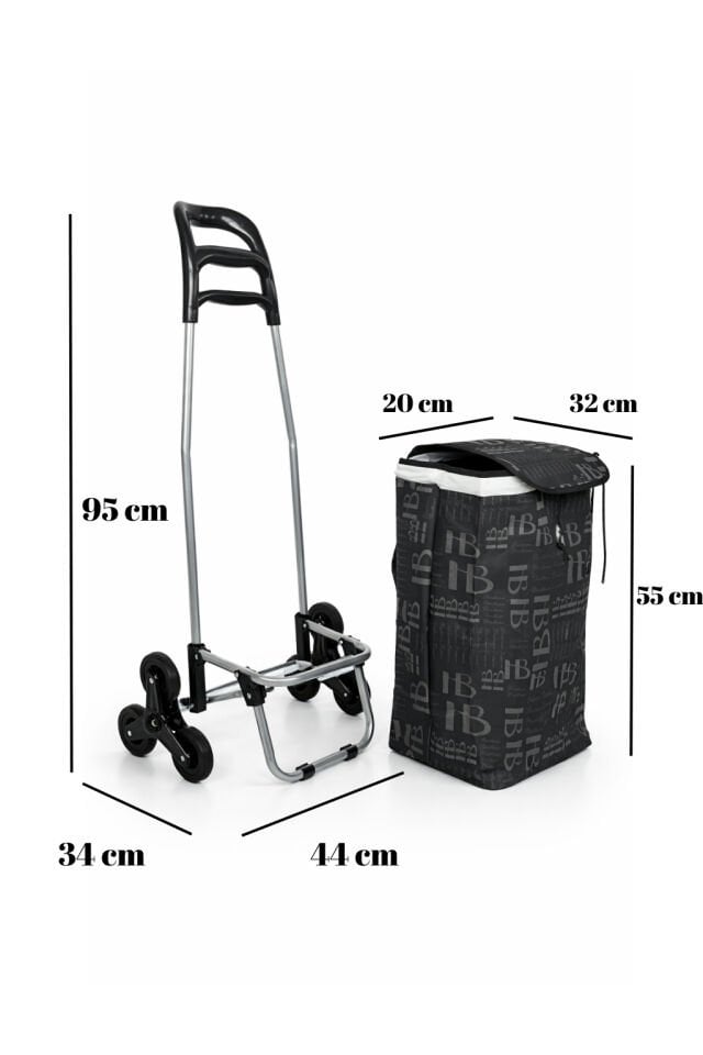 Merdiven Çıkabilen 3 Tekerlekli Su Geçirmez Çantalı Alüminyum Gövdeli Pazar Arabası Siyah