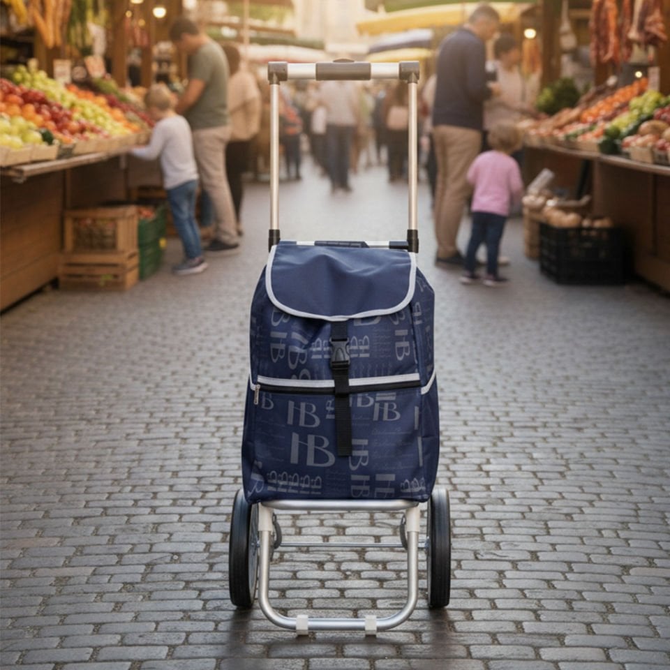 Teleskopik Saplı Su Geçirmez Çantalı Alüminyum Gövdeli Katlanabilir Pazar Arabası Lacivert