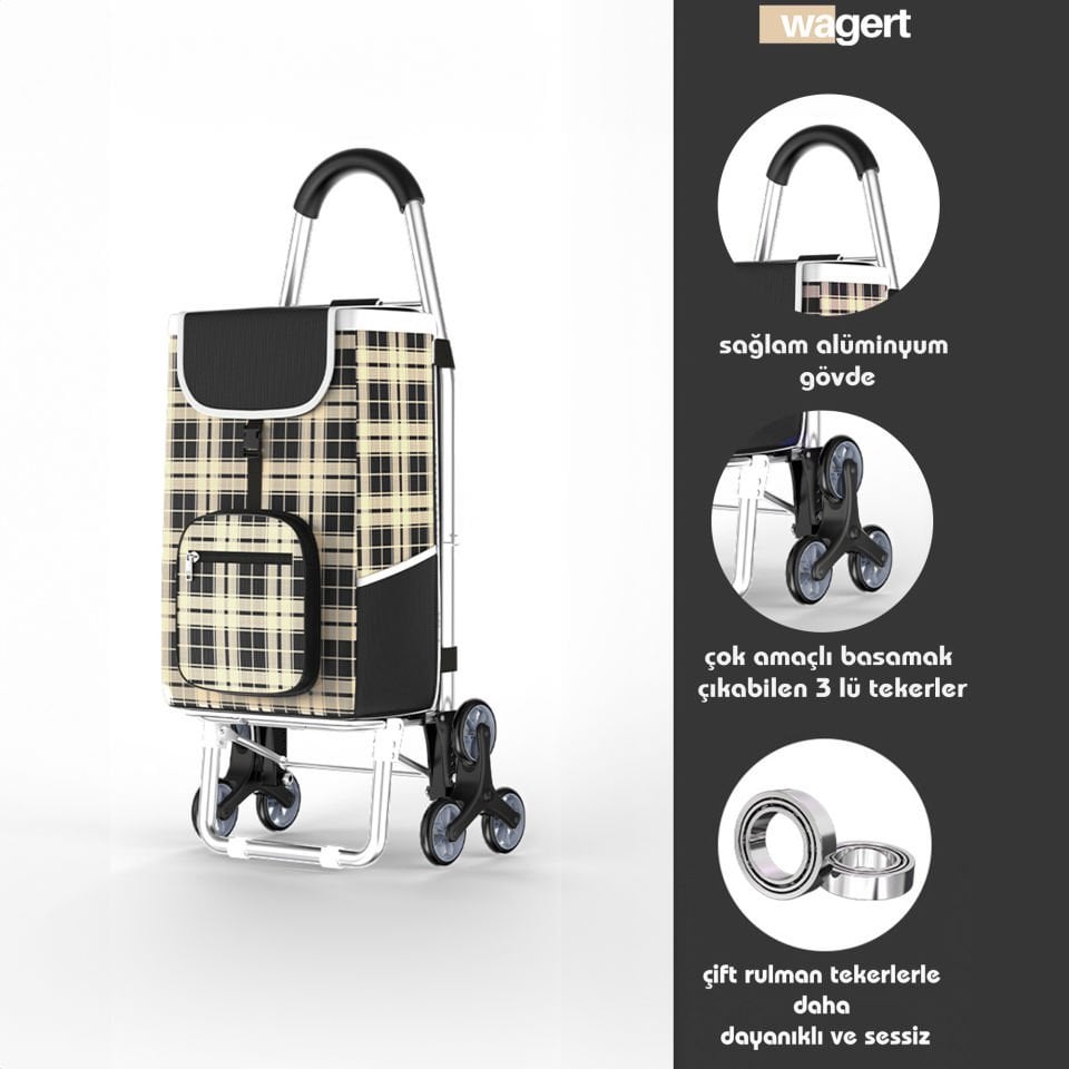 3 Tekerlekli Su Geçirmez Çantalı Aliminyum Gövdeli Lüks Pazar Arabası Kahverengi