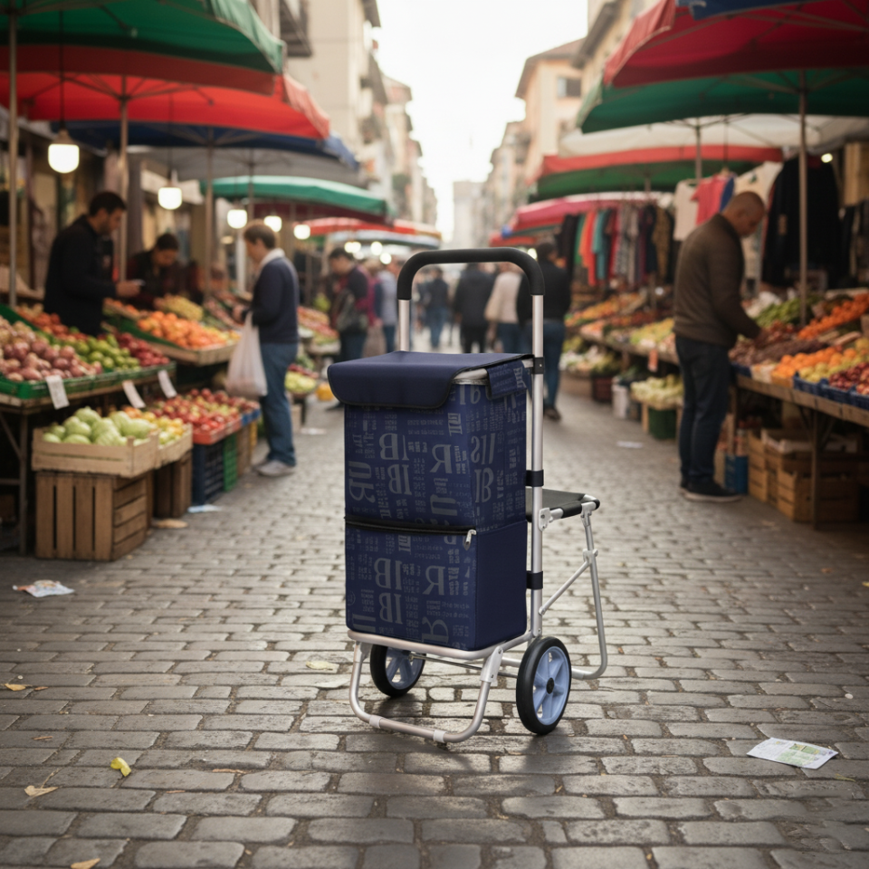 Katlanabilir Oturaklı Alüminyum Gövdeli Pazar Arabası – Sessiz Tekerlek, Fermuarlı Çanta Lacivert